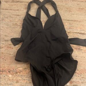 Eres Brown One Piece Suit plunging neckline crisscross strap Bow accents in back